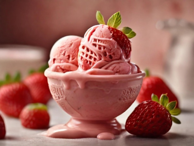 Fotografía de producto de helado de fresa en un tazón.