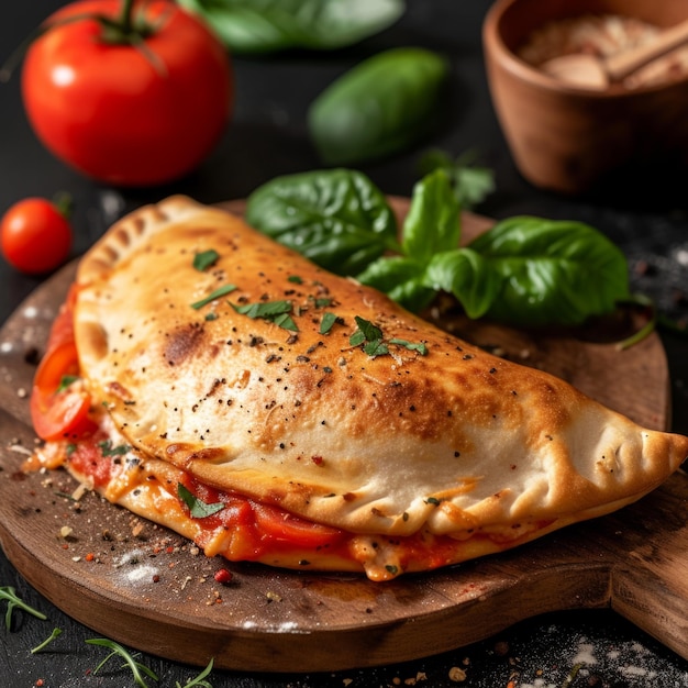 Fotografía profesional de comida de un calzone Una toma de nivel extremadamente bajo de una pizza cerrada también conocida como