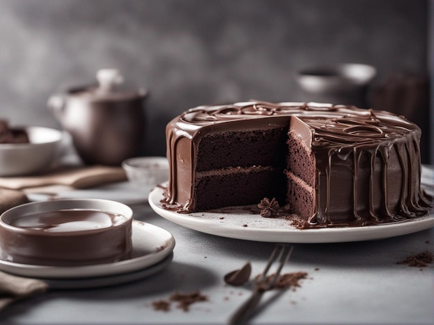 Una fotografía profesional de un delicioso pastel de chocolate