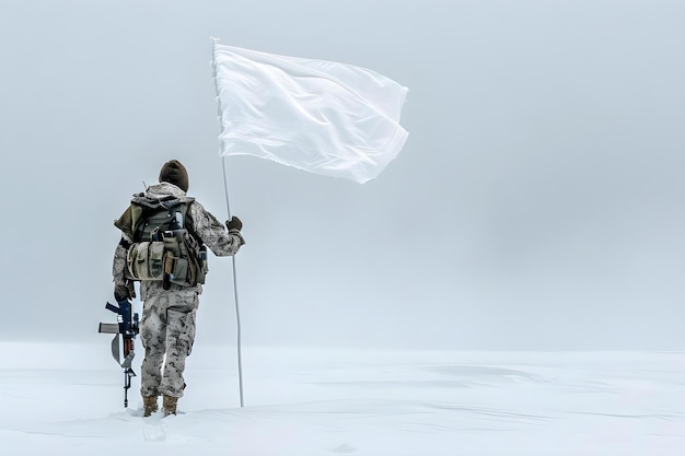 Fotografía profesional inspirada en la música minimalista del soldado con bandera blanca en la nieve Concepto militar Minimalista inspirado en la música profesional de la foto del soldado bandera blanca nieve