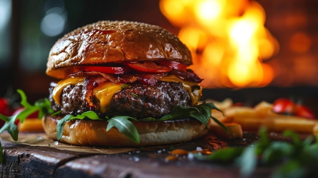 Fotografía profesional de una sabrosa hamburguesa de carne en un fondo negro