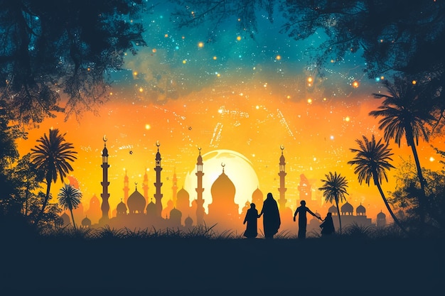 Fotografia profissional cartão de Ramadan com silhuetas de templos fundo texto ornamentado e personagens humanos alegres de membros da família muçulmana