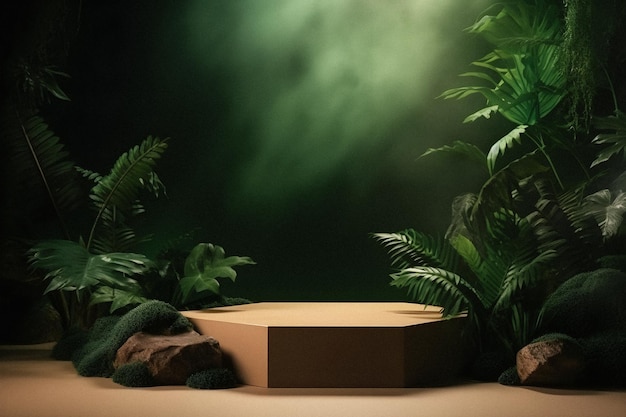 Fotografia profissional de pódio de maquete de espaço vazio com tema de selva com um fundo de natureza deslumbrante