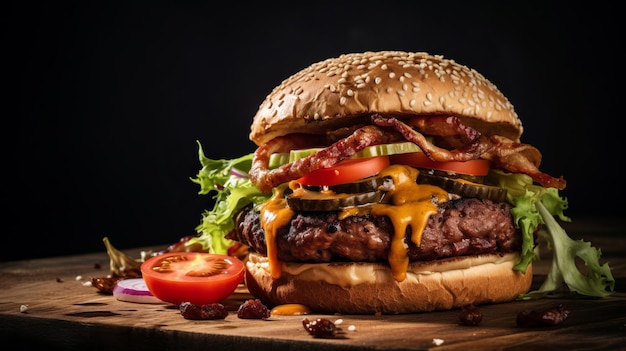 Fotografia profissional de um saboroso hambúrguer de carne em um fundo preto