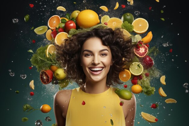 Foto fotografia publicitária de uma mulher bonita no centro apresentando uma grande variedade de alimentos saudáveis