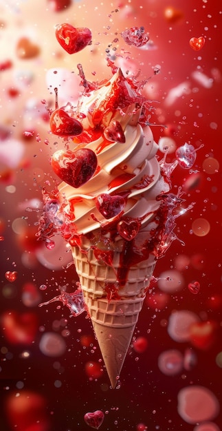 Fotografía publicitaria dinámica de cono de helado rojo con dulces explotando alrededor perfecto para el verano