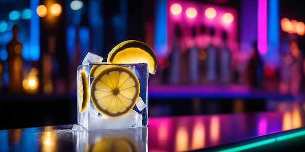fotografía publicitaria con limón cortado en cubos de hielo sobre el fondo del club nocturno