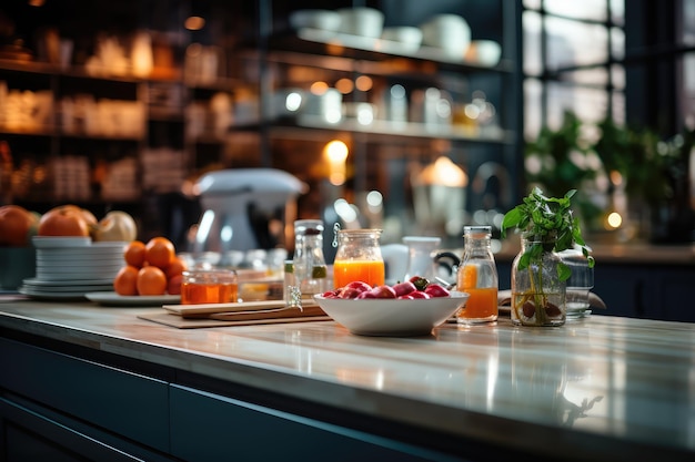 Fotografía publicitaria profesional borrosa dentro de la cocina moderna.