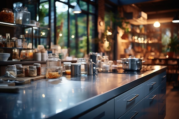 Fotografía publicitaria profesional borrosa dentro de la cocina moderna.