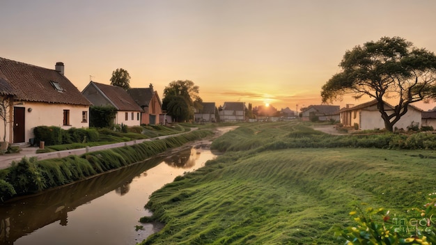 una fotografía de un pueblo en la naturaleza paisaje puesta de sol