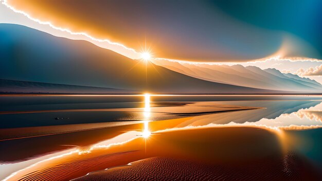 Fotografía de una puesta de sol impresionante que se refleja en un cuerpo de agua tranquilo