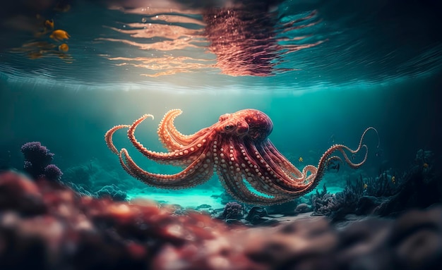 Fotografía de un pulpo en el mar IA generativa