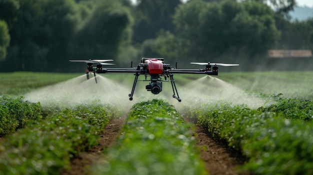 Fotografía de la pulverización de cultivos asistida por drones por encima de las plantas