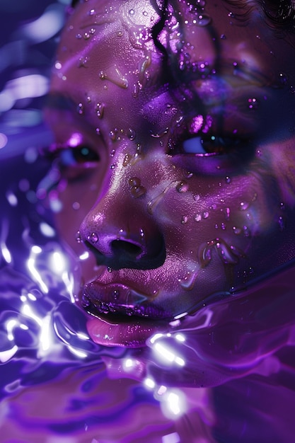 Foto fotografía púrpura y negra de una mujer con brillo en su cara generativa ai