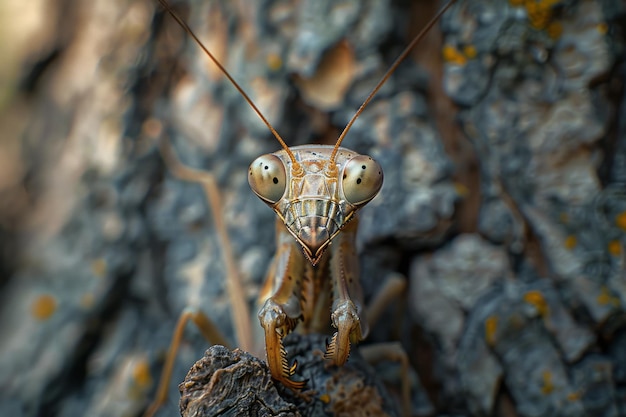 Una fotografía que captura una mantis en una corteza de árbol su cuerpo imitando la textura áspera y la palmada manchada