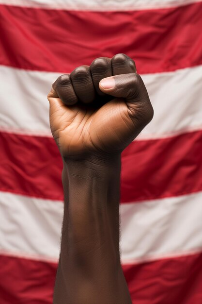 Una fotografía que captura un puño negro levantado contra el telón de fondo de la bandera de los Estados Unidos