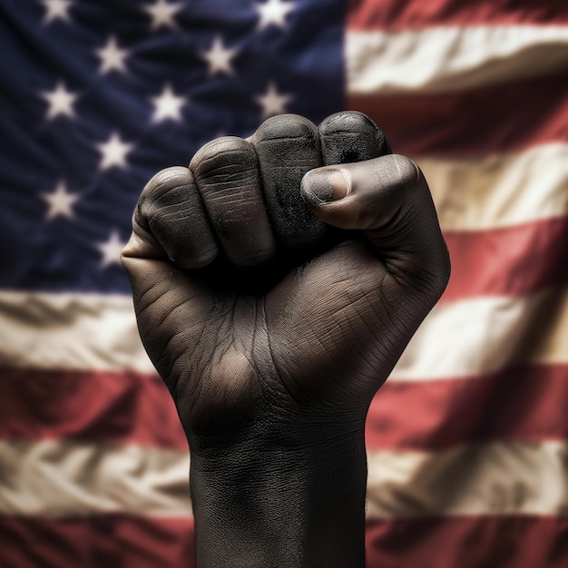 Una fotografía que captura un puño negro levantado contra el telón de fondo de la bandera de los Estados Unidos