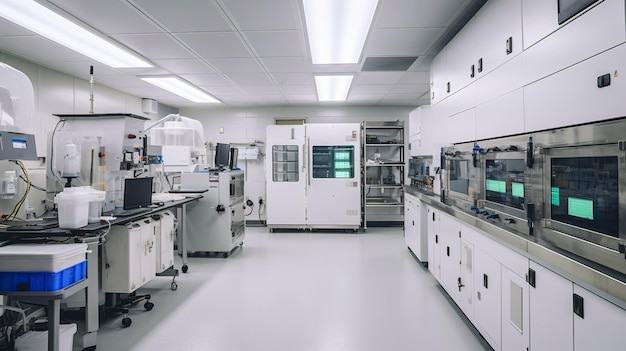 Una fotografía que muestra el diseño limpio y organizado de un área de pruebas de laboratorio de un hospital moderno.
