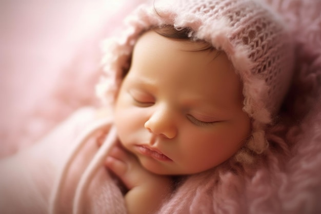 Una fotografía que muestra la inocencia y pureza de un bebé recién nacido en un confortable entorno onírico. IA generativa