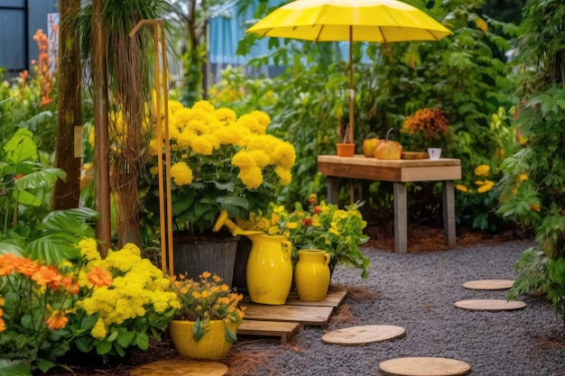 Fotografía que muestra un jardín lleno de flores amarillas y artículos de jardinería. IA generativa