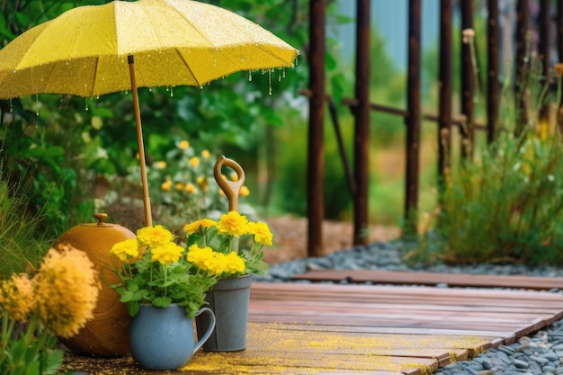 Fotografía que muestra un jardín lleno de flores amarillas y artículos de jardinería. IA generativa