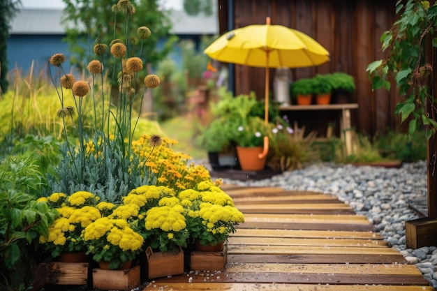 Fotografía que muestra un jardín lleno de flores amarillas y artículos de jardinería. IA generativa