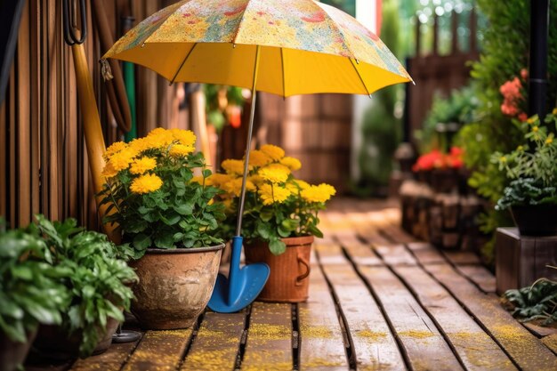 Fotografía que muestra un jardín lleno de flores amarillas y artículos de jardinería. IA generativa