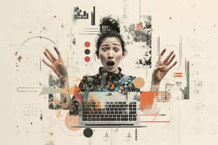 Fotografía que representa a una mujer con una computadora portátil en estado de shock