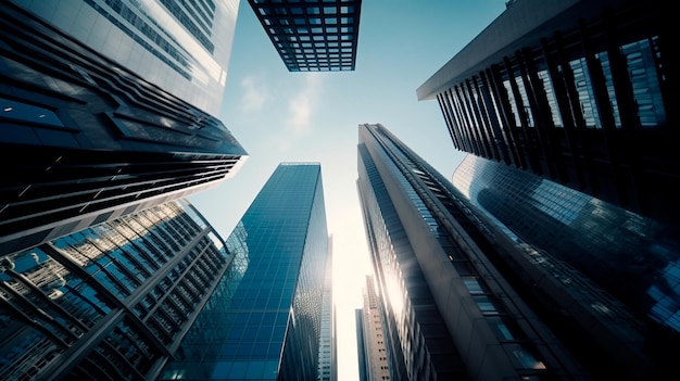 Fotografía de rascacielos corporativos urbanos tomados desde abajo hacia un concepto de ciudad interior de negocios de cielo azul IA generativa