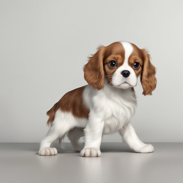 Foto fotografía realista en 3d de un bebé cavalier king charles spaniel sobre un fondo blanco