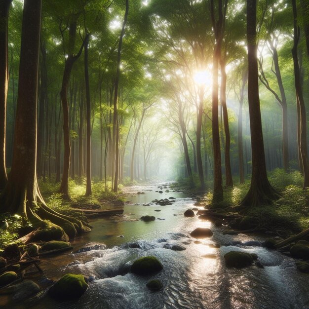 Fotografía realista del bosque y el río