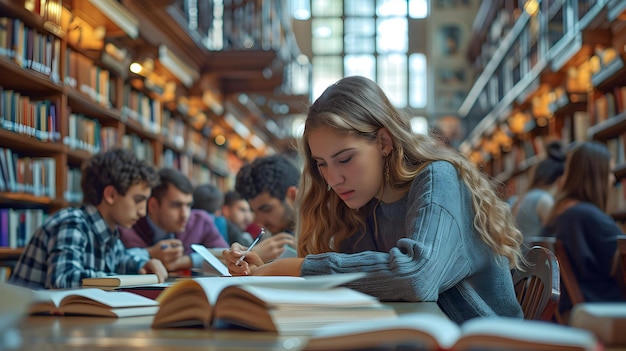 Fotografia realista de estudantes universitários colaborando na biblioteca incorporando a educação superior focada em