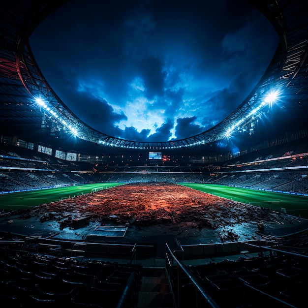 fotografia realista de um estádio de futebol moderno iluminado