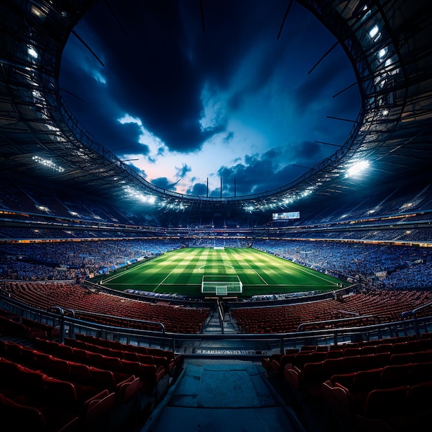 fotografía realista de un estadio de fútbol moderno iluminado