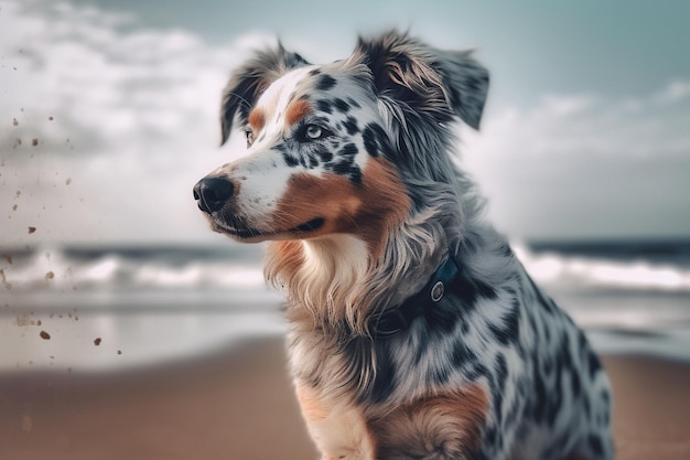 Fotografía realista de un hermoso perro en la playa