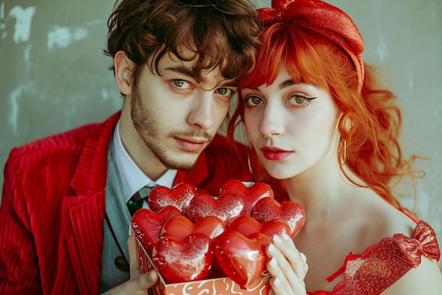 Fotografía realista de un hombre y una mujer sosteniendo una caja de corazones