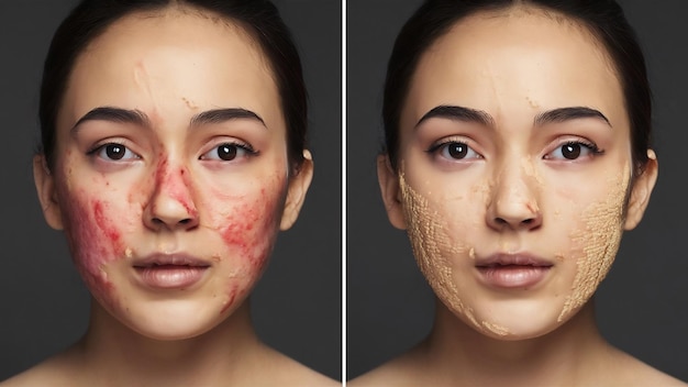 Fotografía recortada de la cara de una mujer joven antes y después del tratamiento del acné en la cara, espinillas, erupciones en las mejillas