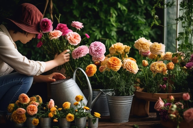 Fotografia recortada de um florista regando plantas criadas com ai gerativa