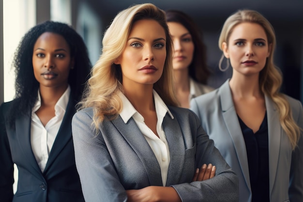 Fotografia recortada de um grupo de mulheres de negócios de pé juntas em um escritório criado com IA gerativa