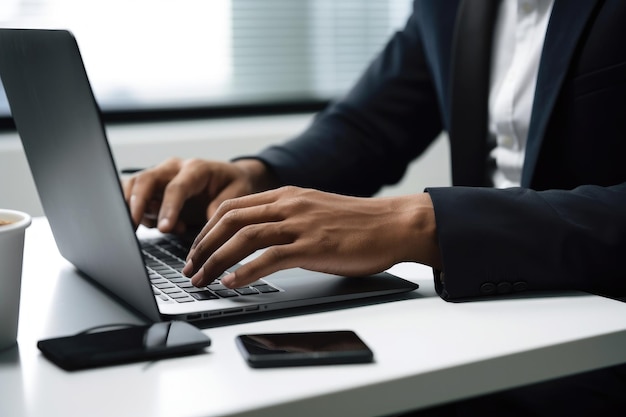 Fotografia recortada de um homem trabalhando em seu laptop no escritório criado com IA gerativa