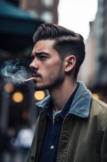 Fotografia recortada de um jovem bonito fumando na cidade criada com IA generativa