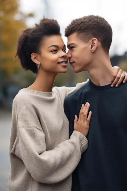 Foto fotografia recortada de um jovem casal afetuoso de pé ao ar livre