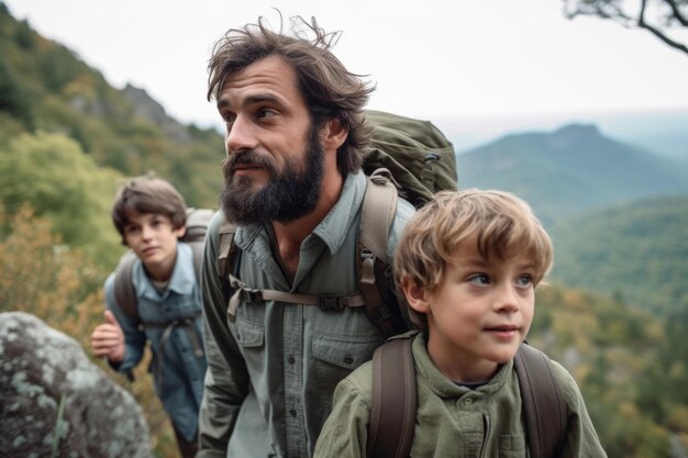 Fotografia recortada de um jovem pai e seus dois filhos caminhando nas montanhas criada com IA generativa