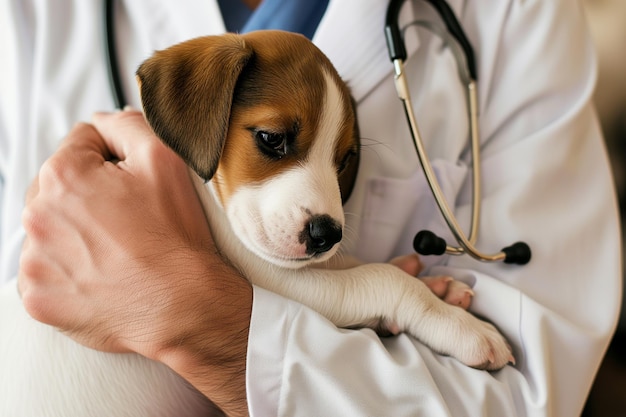 fotografia recortada de um veterinário a segurar um cachorro nas mãos e