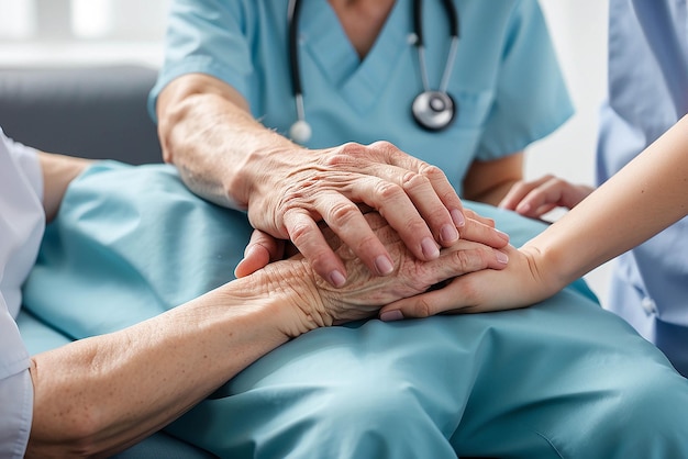 Fotografia recortada de uma enfermeira segurando a mão de seus pacientes idosos, dando apoio a um médico ajudando um paciente idoso com doença de Alzheimer, uma cuidadora segurando as mãos de um homem idoso.