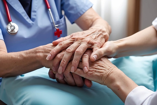 Fotografia recortada de uma enfermeira segurando a mão de seus pacientes idosos, dando apoio a um médico ajudando um paciente idoso com doença de Alzheimer, uma cuidadora segurando as mãos de um homem idoso.