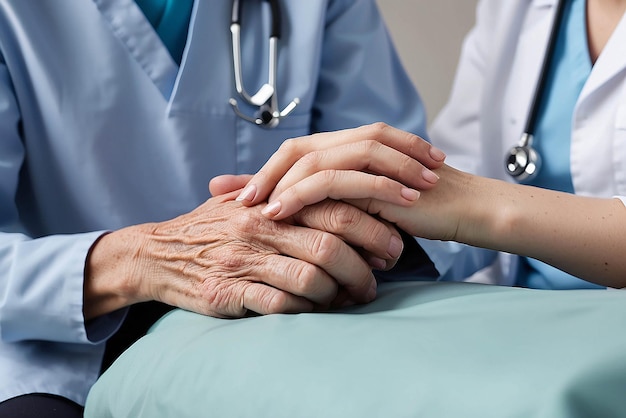 Fotografia recortada de uma enfermeira segurando a mão de seus pacientes idosos, dando apoio a um médico ajudando um paciente idoso com doença de Alzheimer, uma cuidadora segurando as mãos de um homem idoso.