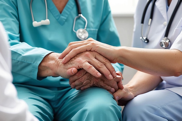 Fotografia recortada de uma enfermeira segurando a mão de seus pacientes idosos, dando apoio a um médico ajudando um paciente idoso com doença de Alzheimer, uma cuidadora segurando as mãos de um homem idoso.