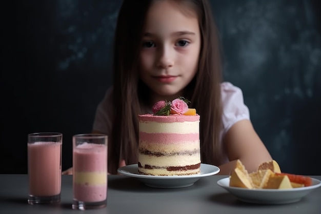 Fotografia recortada de uma menina com seu bolo separado e sorvete lácteo criado com IA generativa
