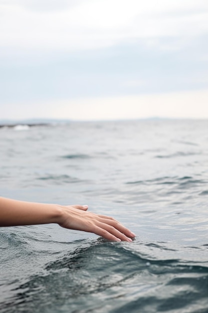 Fotografia recortada de uma mulher não identificada estendendo a mão para o oceano criada com IA generativa